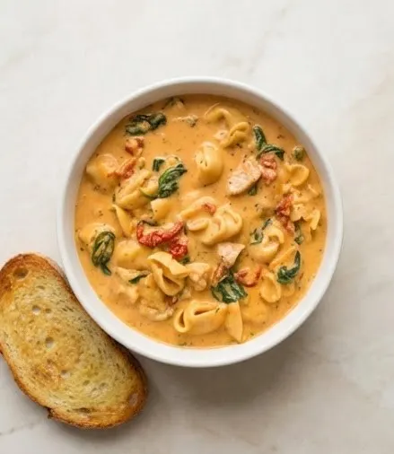 Marry Me Tuscan Chicken Soup with creamy broth, chicken pieces, spinach, sun-dried tomatoes, and tortellini served with toasted bread