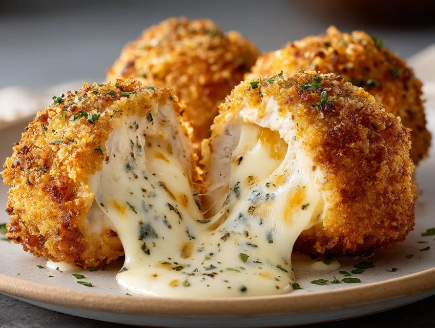 Melted mozzarella and ranch chicken bombs cut open with creamy cheese center and crispy golden breadcrumb coating on a plate