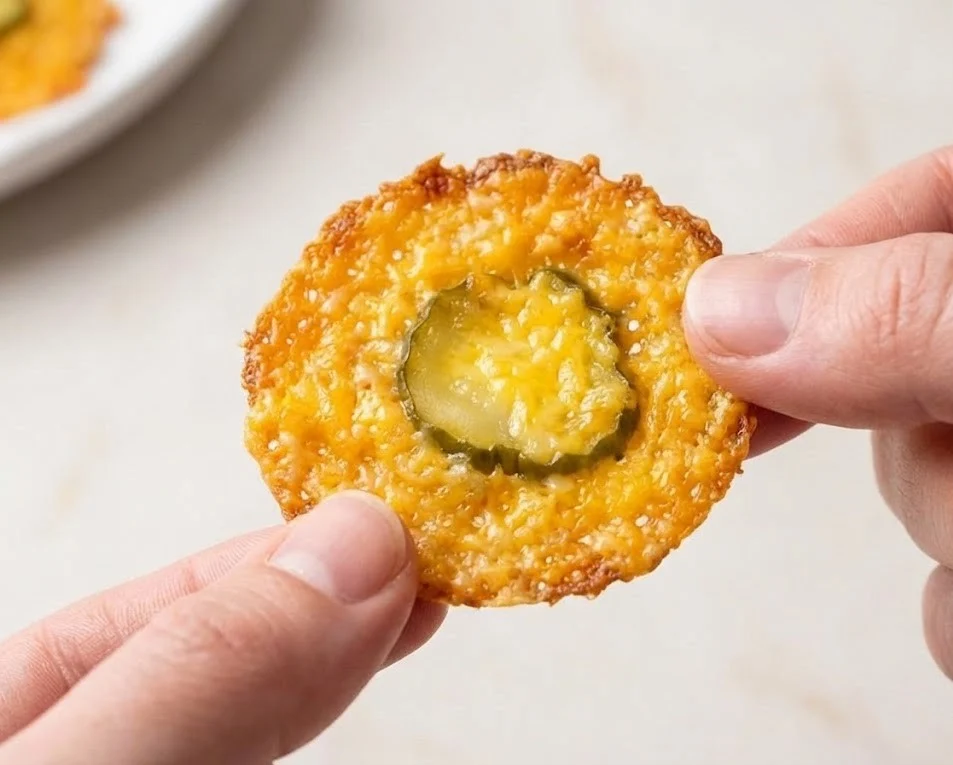Hand holding a bitten crispy pickle cheese bite showing melted cheese and pickle inside
