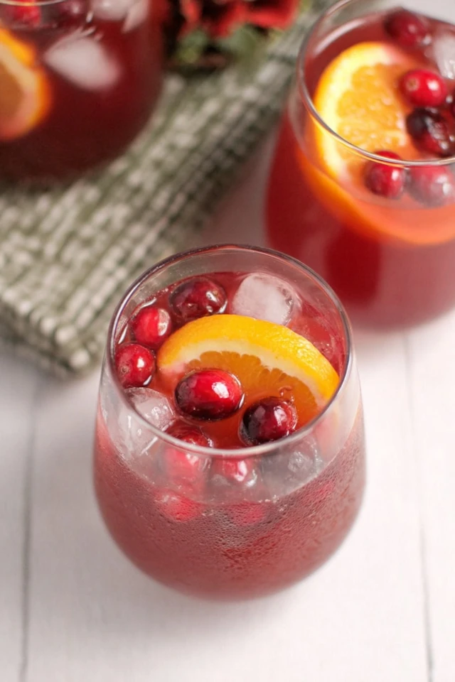 Close-up of non-alcoholic holiday punch with cranberry juice, orange slice, fresh cranberries, and ice