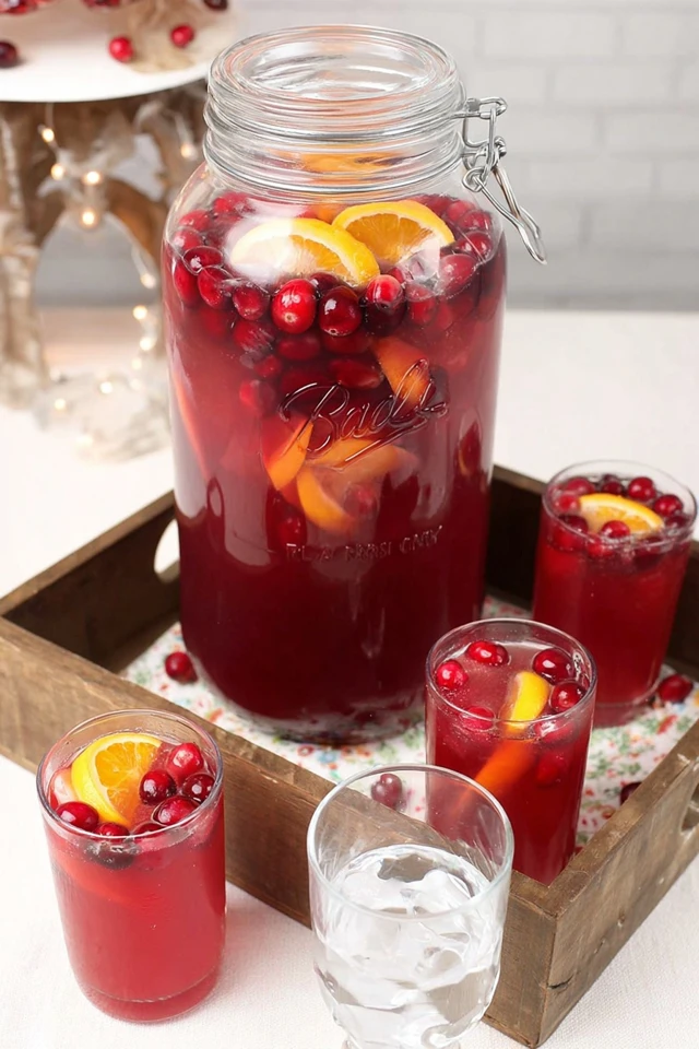Non-alcoholic holiday punch made with cranberry juice, orange slices, and fresh cranberries served in a large glass jar with glasses