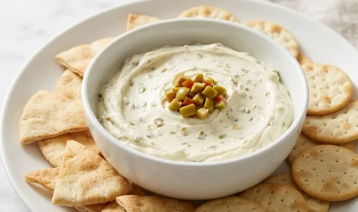 Top view of creamy olive dip with cream cheese served with round crackers
