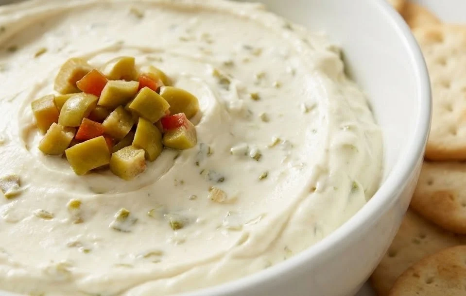Close up of creamy olive dip with cream cheese topped with chopped olives