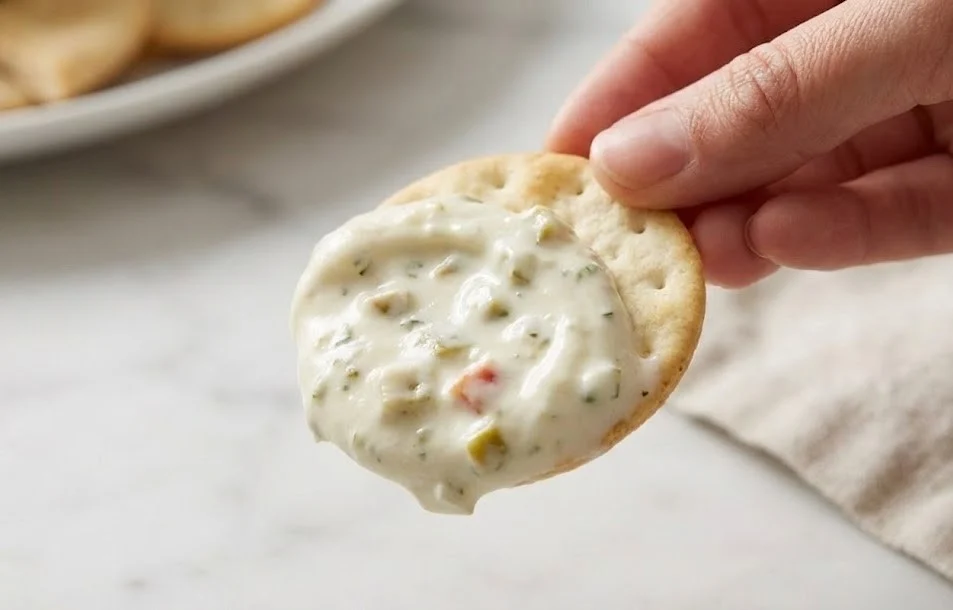 Hand holding a cracker dipped in creamy olive dip with cream cheese