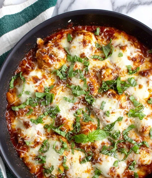 One pan chicken parmesan gnocchi bake with marinara sauce, melted mozzarella, and fresh basil