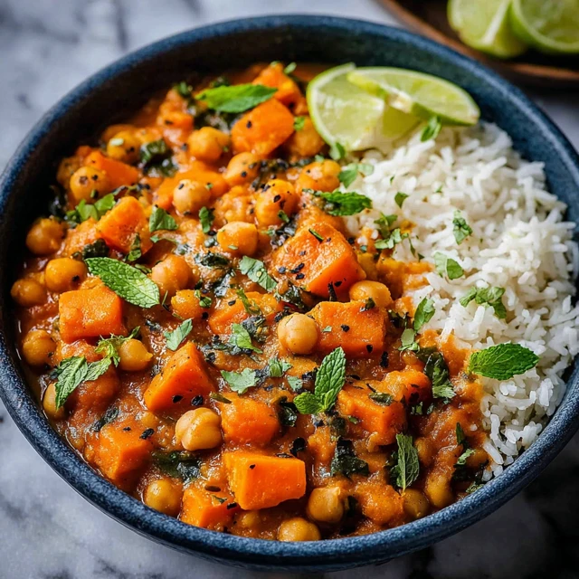 One pot butternut squash curry with chickpeas served over rice, garnished with fresh herbs and lime