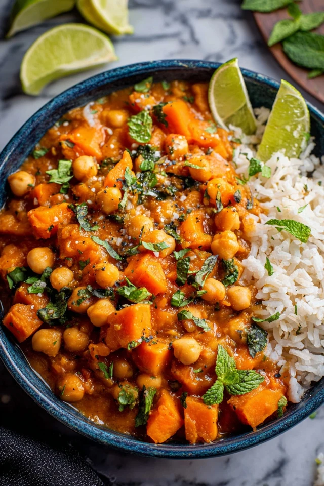 One pot butternut squash curry with chickpeas, rice, and fresh herbs served in a bowl