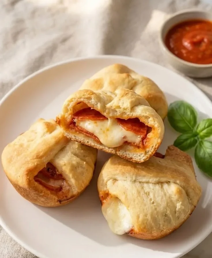 Pepperoni pizza bombs with melted mozzarella cheese and pepperoni inside, baked until golden and served on a white plate with marinara sauce