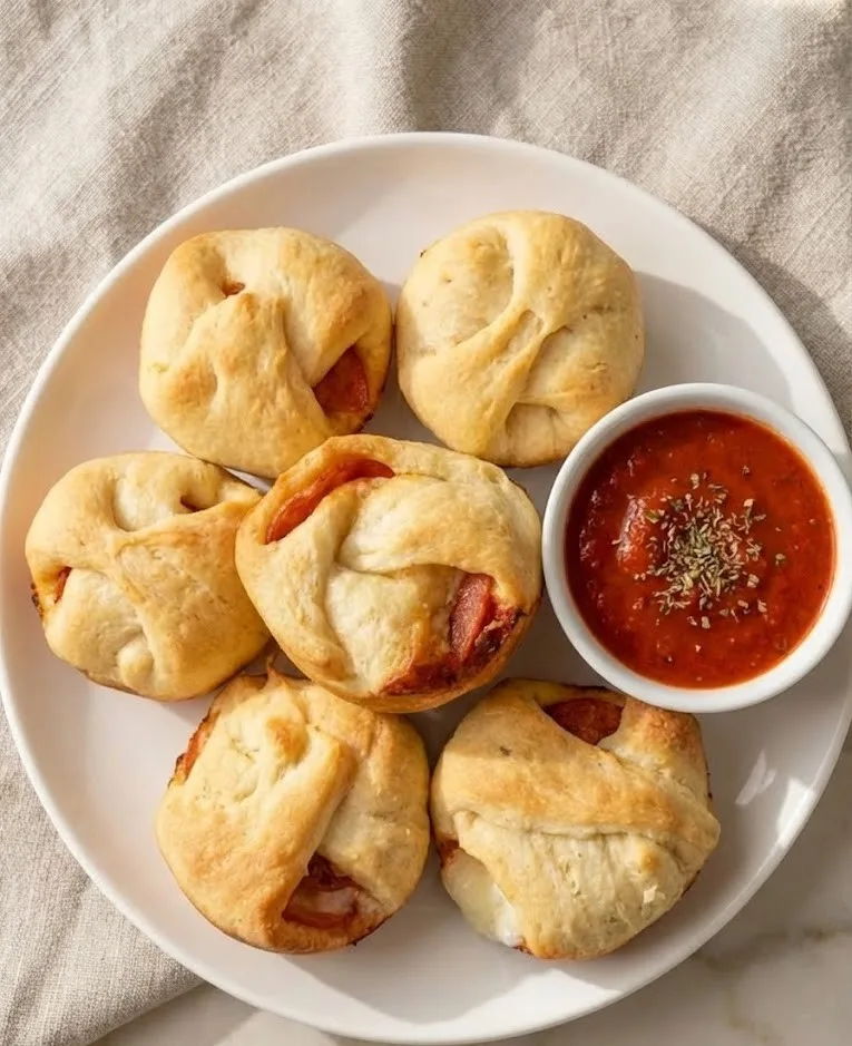 Pepperoni pizza bombs baked until golden brown, filled with melted cheese and pepperoni, served on a white plate with marinara sauce