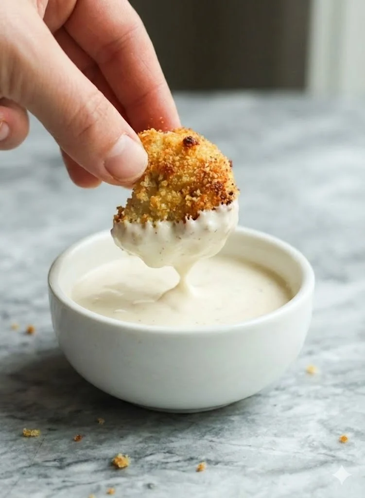 Crispy cauliflower bite being dipped into creamy sauce, golden and crunchy appetizer close up