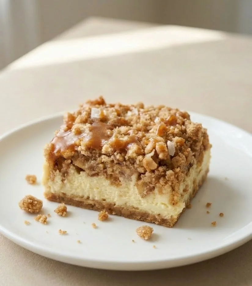 Salted caramel apple cheesecake crunch bar with creamy cheesecake filling, cinnamon apple crumble topping, and buttery graham crust on a white plate