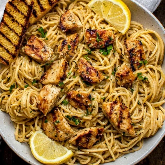 Skillet cowboy butter chicken pasta with creamy garlic sauce, seared chicken pieces, and lemon wedges