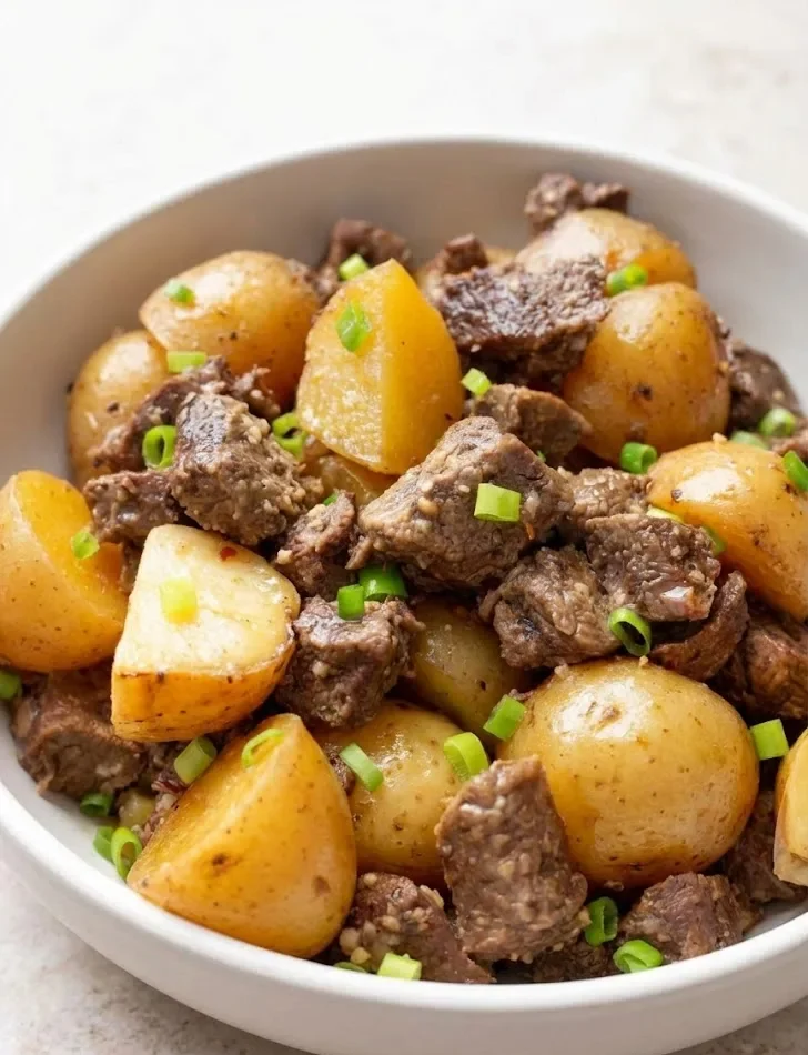 Slow Cooker Garlic Butter Beef with Potatoes close-up in a bowl
