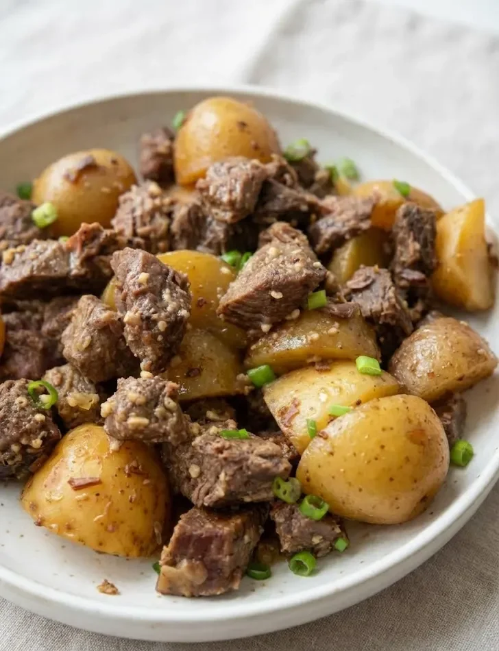 Slow Cooker Garlic Butter Beef with Potatoes served on a plate