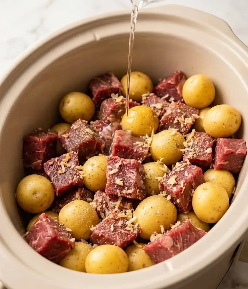 Slow Cooker Garlic Butter Beef with Potatoes before cooking in slow cooker