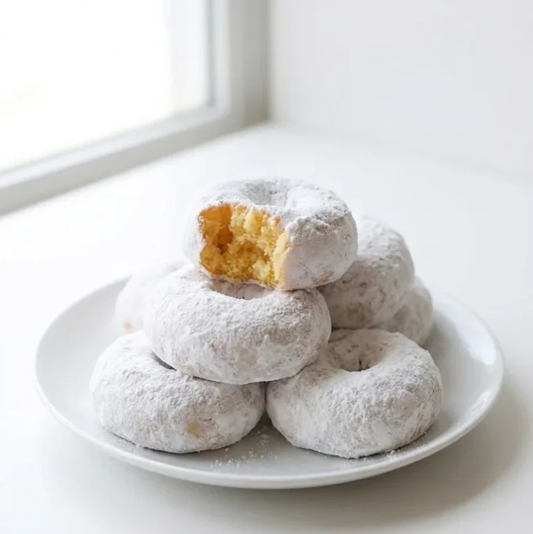 Snowball donuts coated in powdered sugar stacked on a white plate