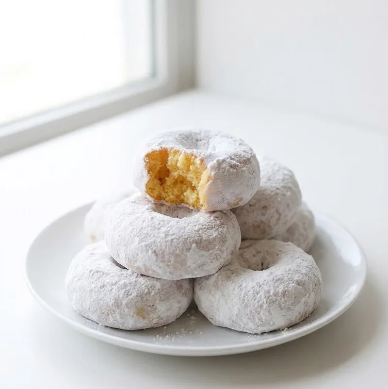 Snowball donuts coated in powdered sugar stacked on a white plate