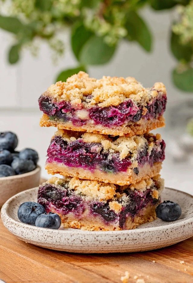 Stacked blueberry crumb bars with a buttery base, thick blueberry filling, and crumb topping on a plate