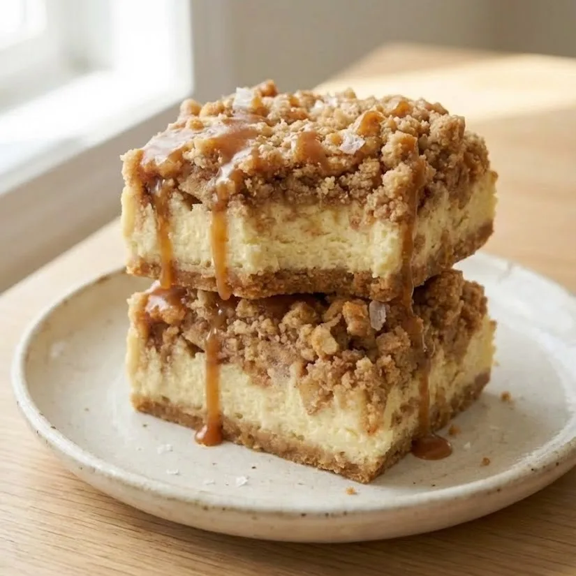 Stacked salted caramel apple cheesecake crunch bars with creamy cheesecake layers, cinnamon apple crumble topping, and caramel drizzle
