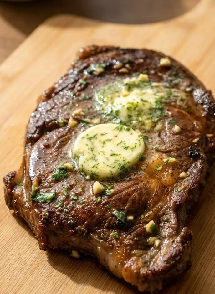 Juicy steak topped with melted garlic butter and fresh herbs
