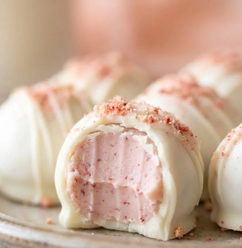 Strawberry cheesecake truffle cut in half showing creamy pink cheesecake filling inside a white chocolate coating