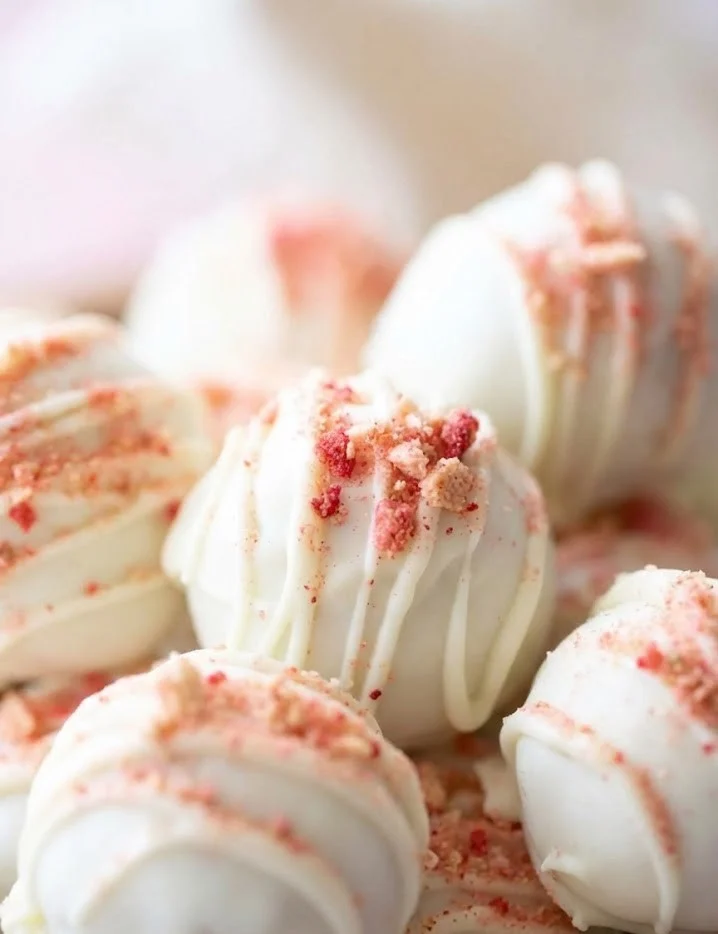 Close-up of strawberry cheesecake truffles drizzled with white chocolate and topped with crushed freeze-dried strawberries
