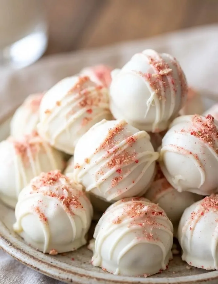Plate of strawberry cheesecake truffles coated in white chocolate and topped with crushed freeze-dried strawberries