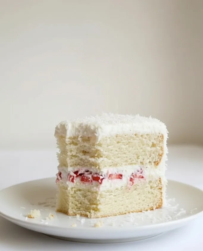 Slice of strawberry coconut sponge cake on a white plate showing soft coconut sponge layers and strawberry cream filling