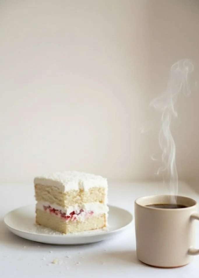 Slice of strawberry coconut sponge cake on a plate served with a cup of hot coffee, showing fluffy coconut layers and strawberry filling