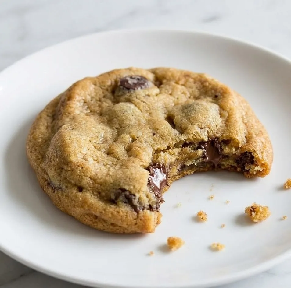 Sugar free chocolate chip cookie with a bite taken out, showing a soft and melty chocolate center on a white plate