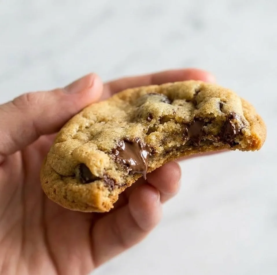 Sugar free chocolate chip cookie held in hand with a bite taken, showing a soft and melty chocolate center