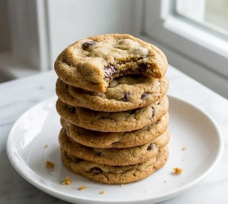 Stack of sugar free chocolate chip cookies with one cookie bitten, showing a soft and chewy center
