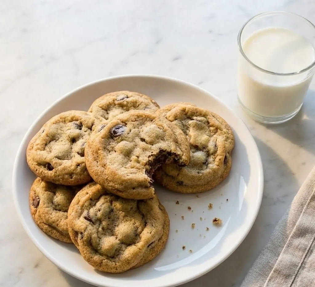 Sugar free chocolate chip cookies served on a white plate with a glass of milk, soft and chewy homemade cookies