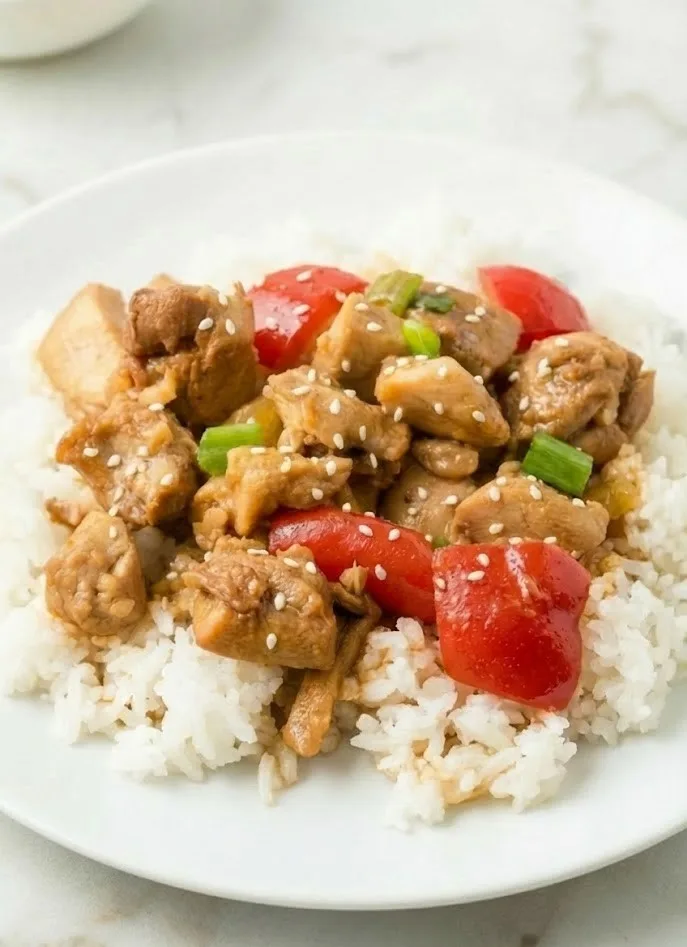 Sweet Hawaiian crock pot chicken served over white rice with pineapple chunks, bell peppers, green onions, and sesame seeds