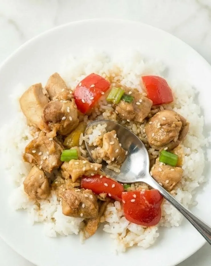 Sweet Hawaiian crock pot chicken over white rice with pineapple, bell peppers, green onions, sesame seeds, and a spoon