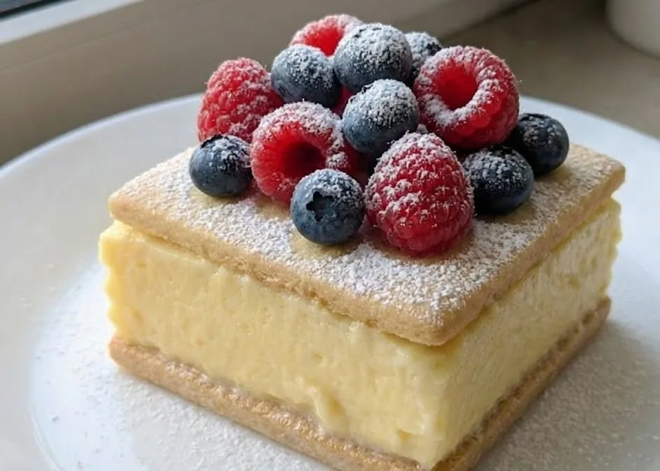 Vanilla custard cream squares topped with fresh raspberries and blueberries and lightly dusted with powdered sugar