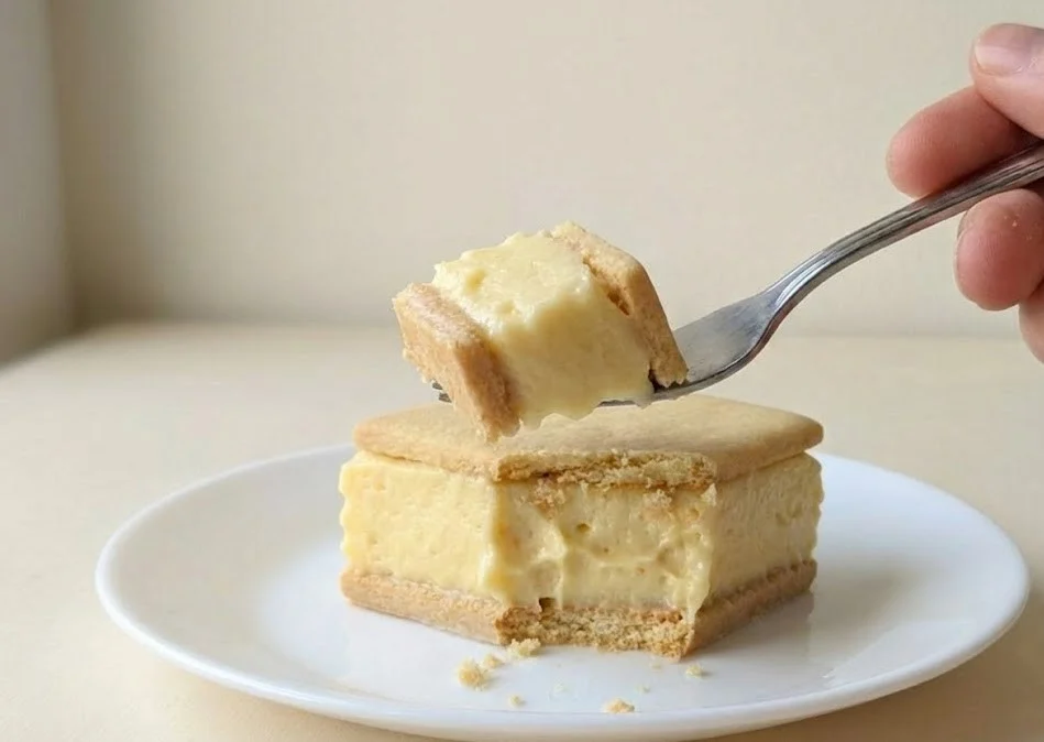 Vanilla custard cream squares with a fork lifting a creamy bite, showing smooth custard and soft biscuit layers