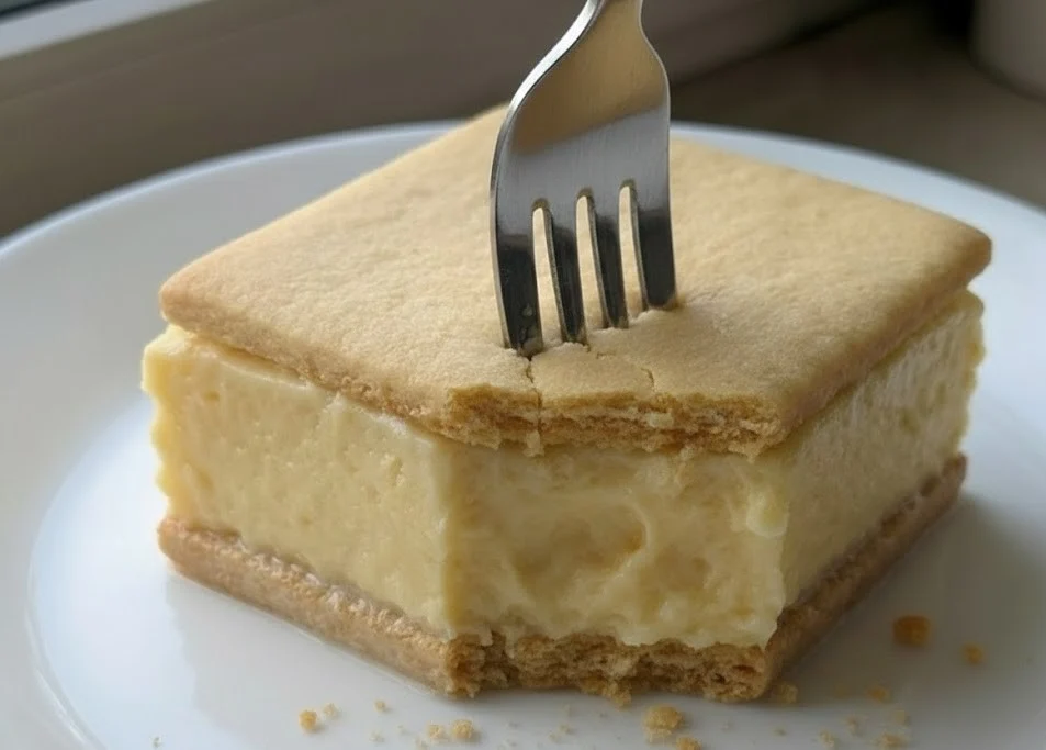 Vanilla custard cream squares with a fork cutting through creamy custard layers on a white plate