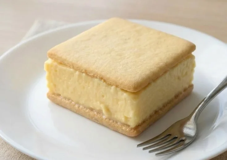 Vanilla custard cream squares layered between soft biscuits, served on a white plate with a fork