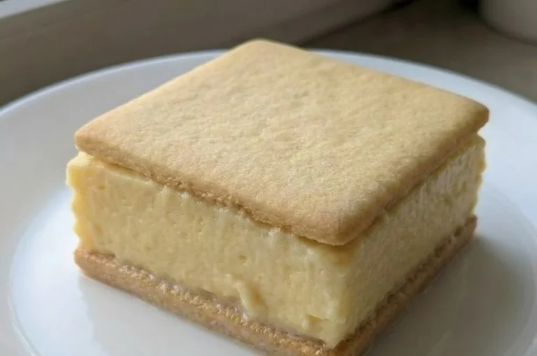 Vanilla custard cream squares layered with smooth custard between soft biscuits on a white plate