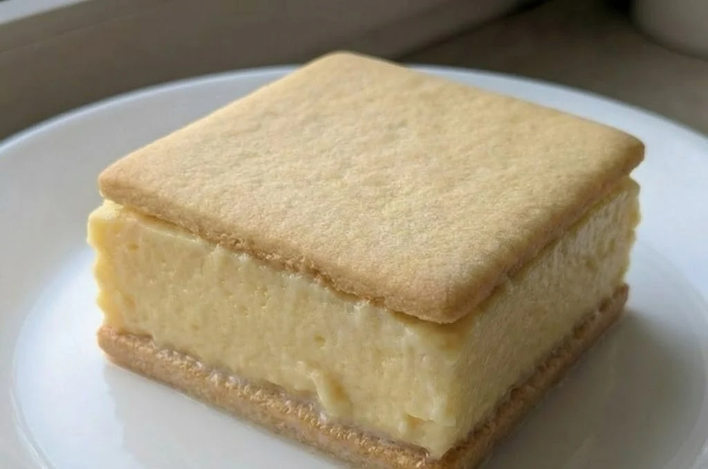 Vanilla custard cream squares layered with smooth custard between soft biscuits on a white plate