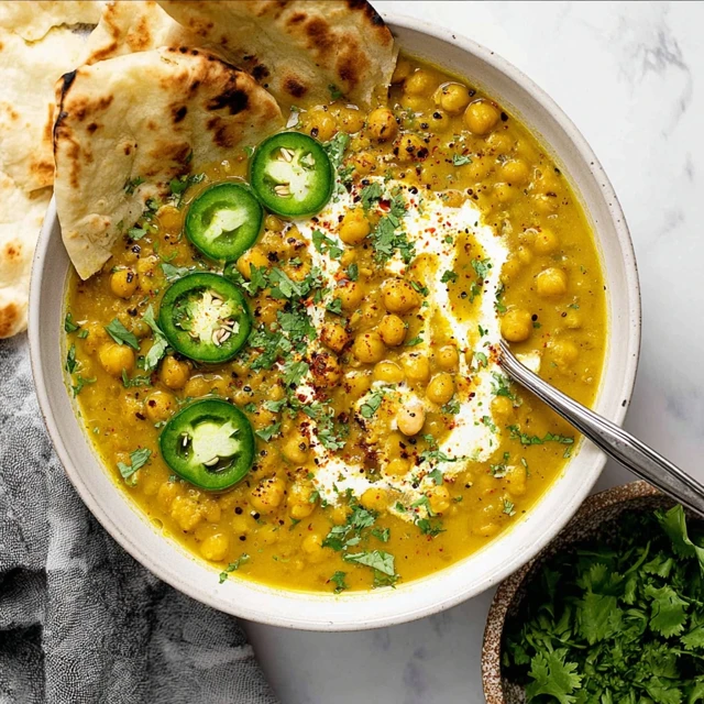 Vegan curry lentil and chickpea soup served with naan and coconut milk drizzle