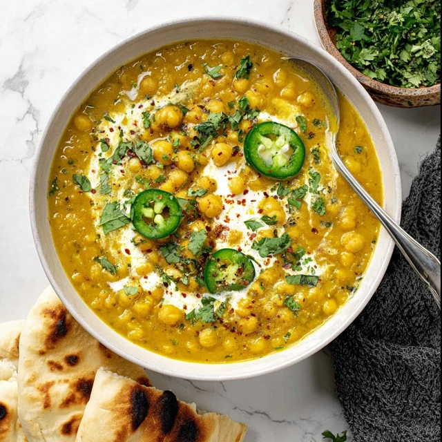 Vegan curry lentil soup with chickpeas topped with coconut milk and fresh herbs