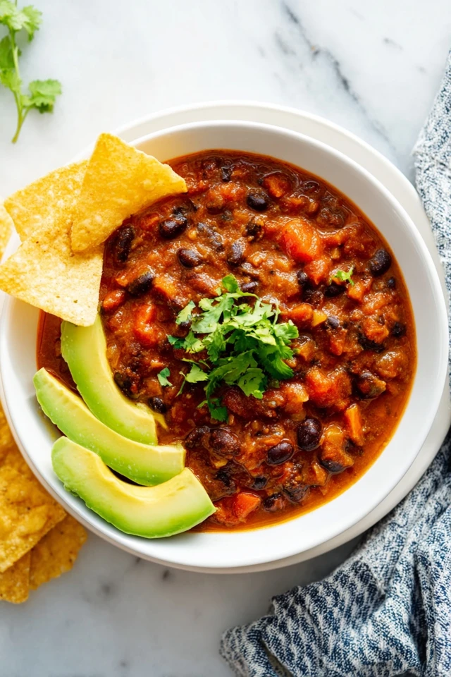 Vegetarian chili served in a bowl topped with fresh cilantro, avocado slices, and tortilla chips