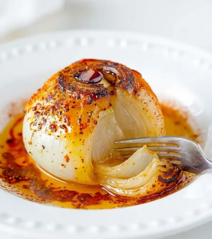 Baked onion boil recipe cut with fork showing tender roasted layers and paprika butter oil