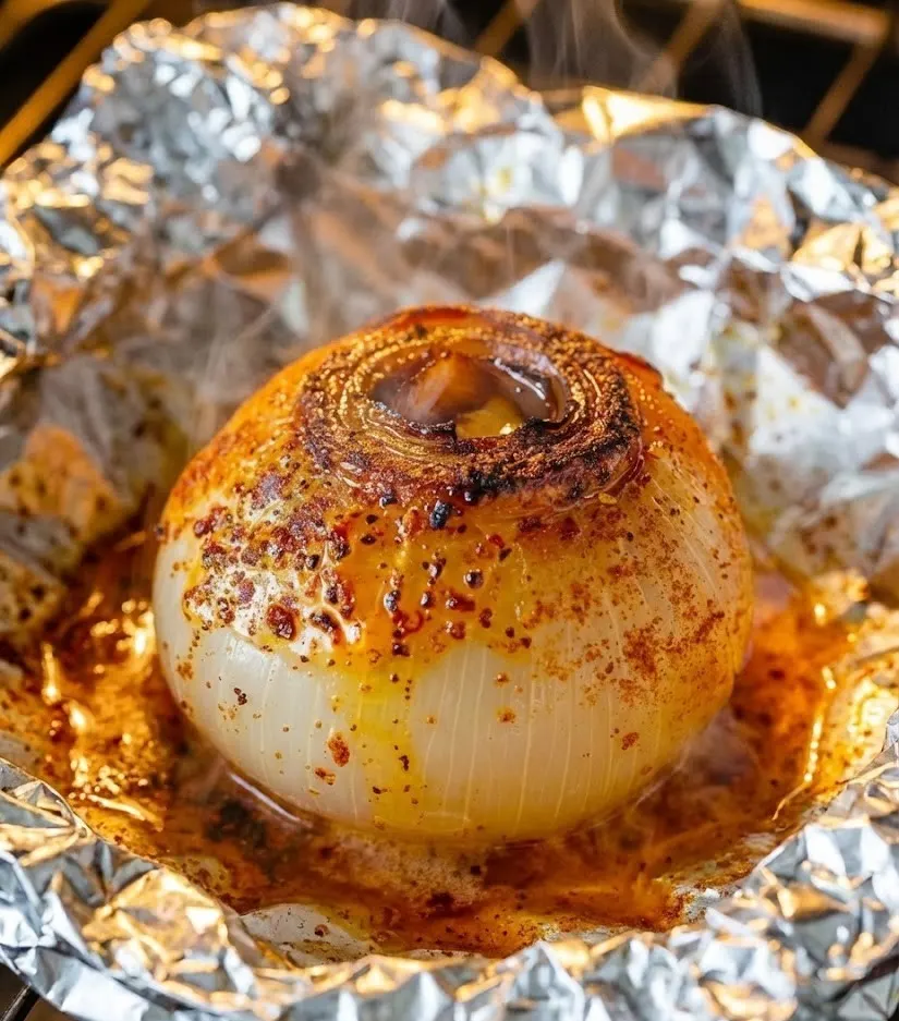 Oven baked onion boil recipe in foil with caramelized top and paprika butter oil