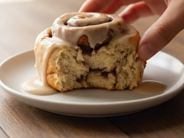 Close-up banana bread cinnamon roll with cream cheese glaze showing soft cinnamon swirl center on white plate