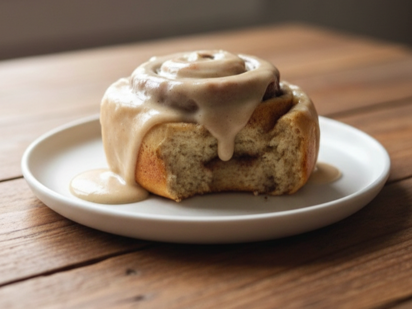 Close-up banana bread cinnamon roll with cream cheese glaze on a white plate over a wooden surface