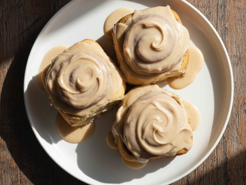 Overhead view of banana bread cinnamon rolls with cream cheese glaze on a white plate