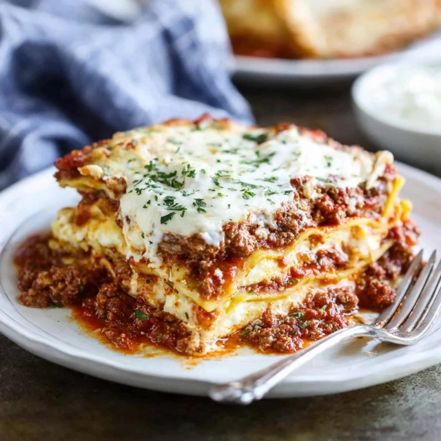 Best lasagna recipe slice with rich beef meat sauce, creamy ricotta layers, and melted mozzarella on white plate
